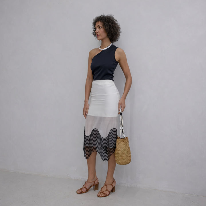 White Sheer Pencil Skirt With Black Embroidery