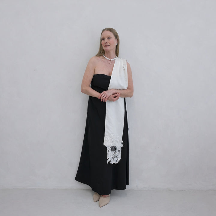 White Silk And 3D Lace Long Scarf