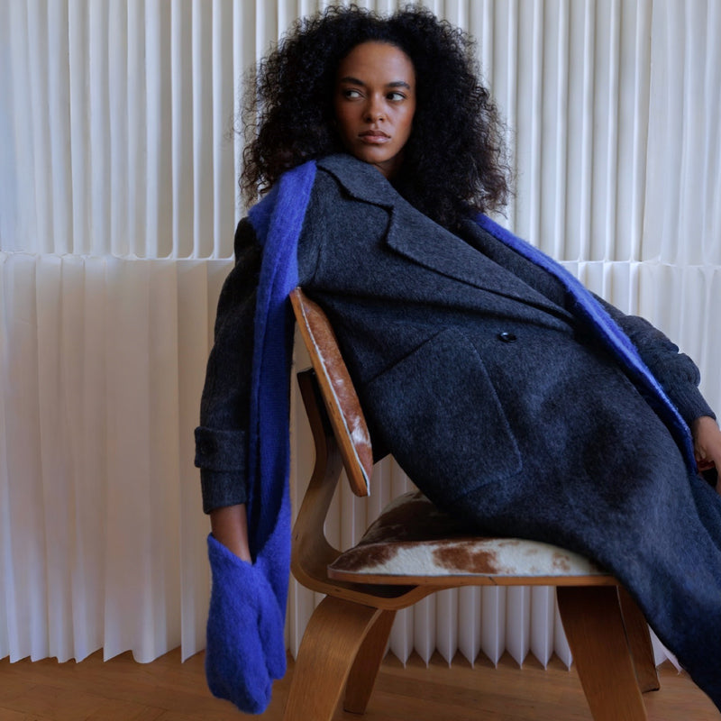 Cobalt Blue Wool Long Scarf With Mittens