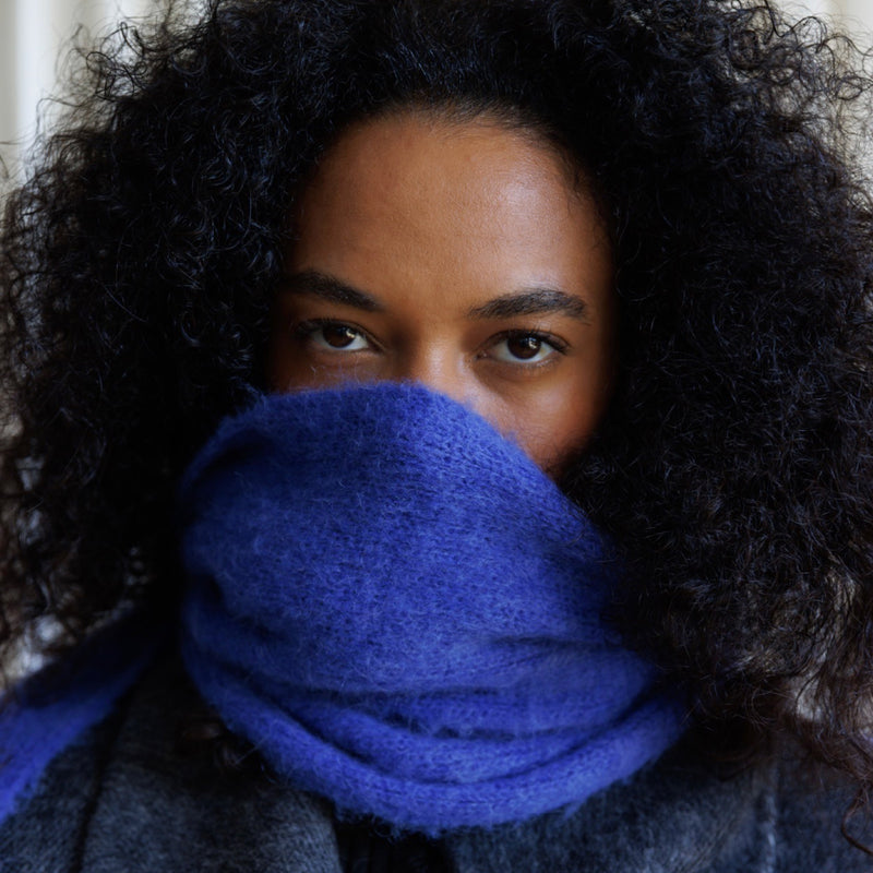 Cobalt Blue Wool Long Scarf With Mittens