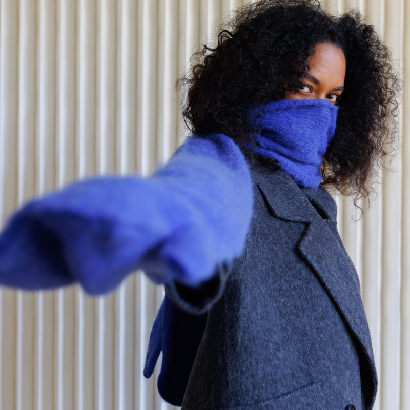 Cobalt Blue Wool Long Scarf With Mittens