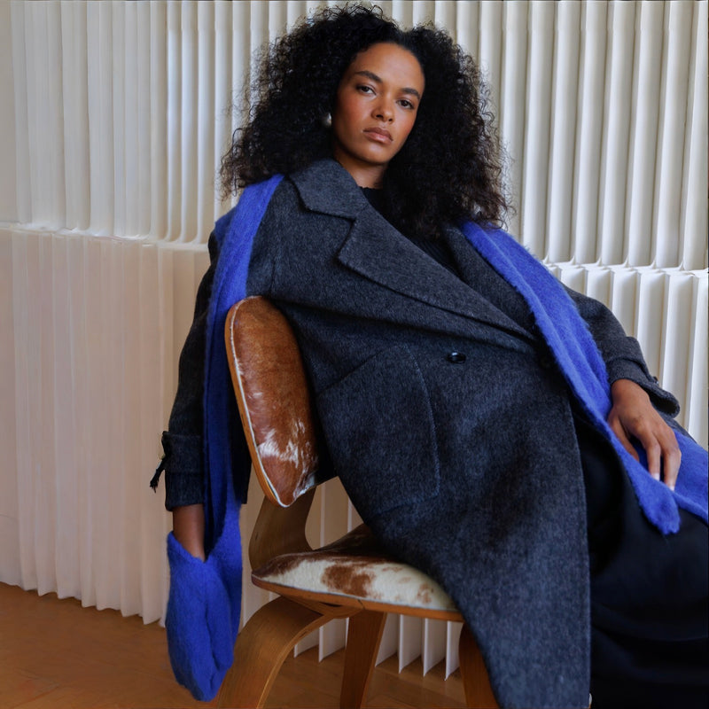 Cobalt Blue Wool Long Scarf With Mittens