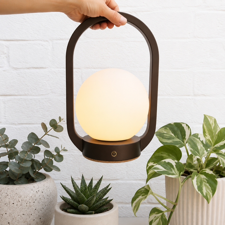 Sixton London Mini Lantern Walnut Style Rechargeable Touch Lamp