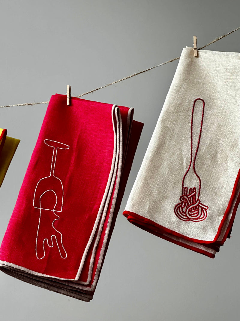 MÆGEN Set of Two Linen Blend Napkins Spaghetti Embroidery