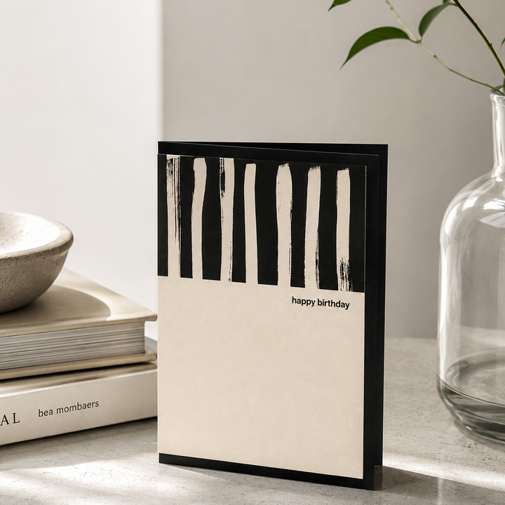 Kinshipped Painted Stripe Black and Cream Happy Birthday Card