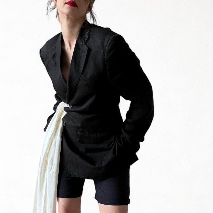 Reworked black blazer with white silk wrap ties