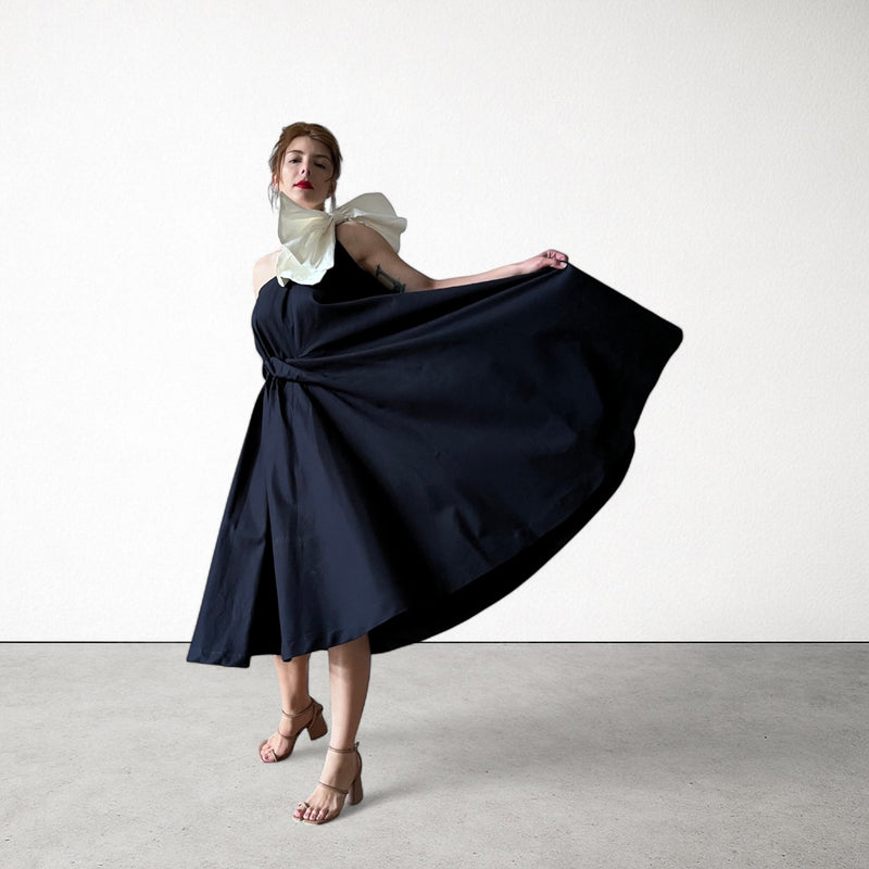 Navy Cloche Dress With One Shoulder White Bow