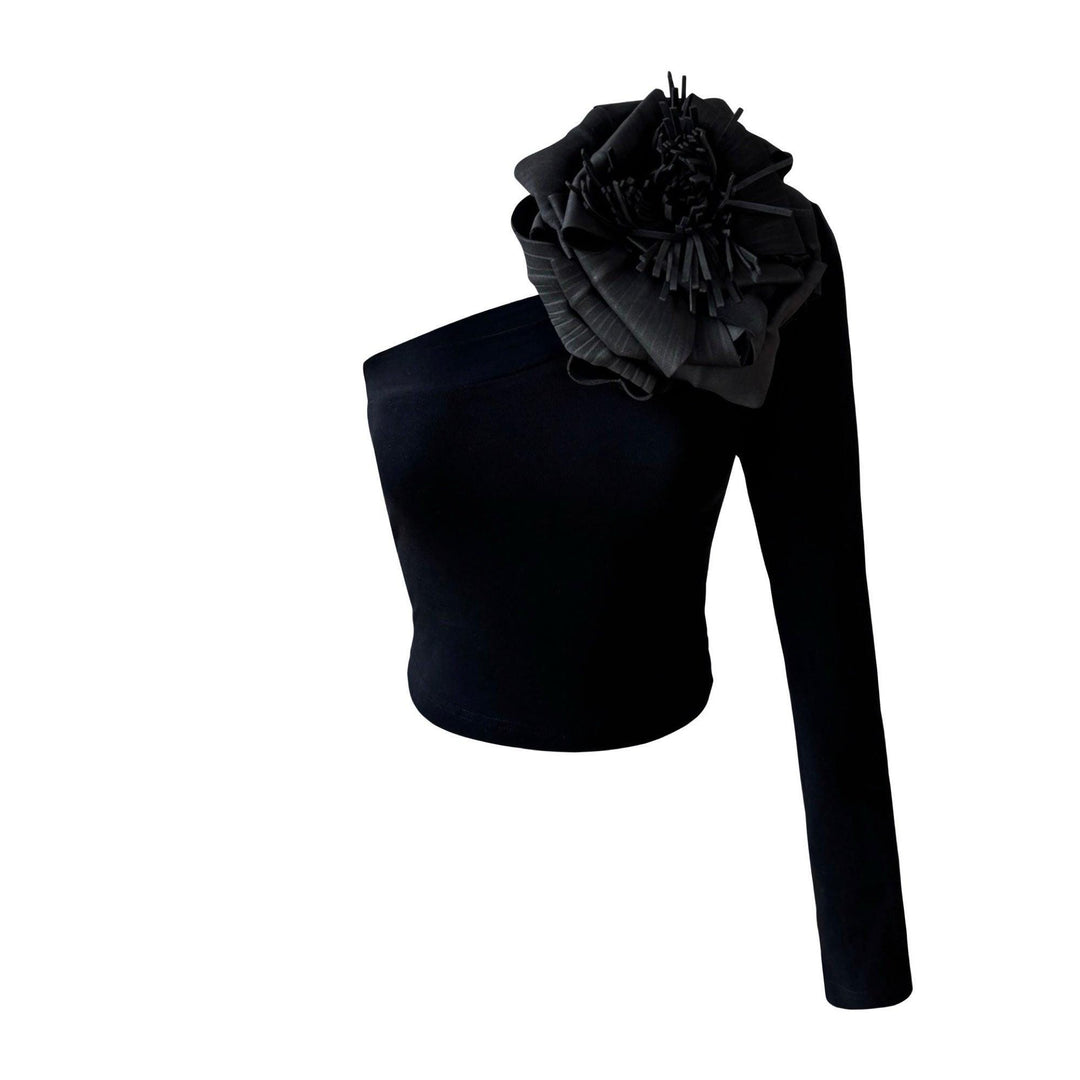 Black one sleeve top with black flower pin