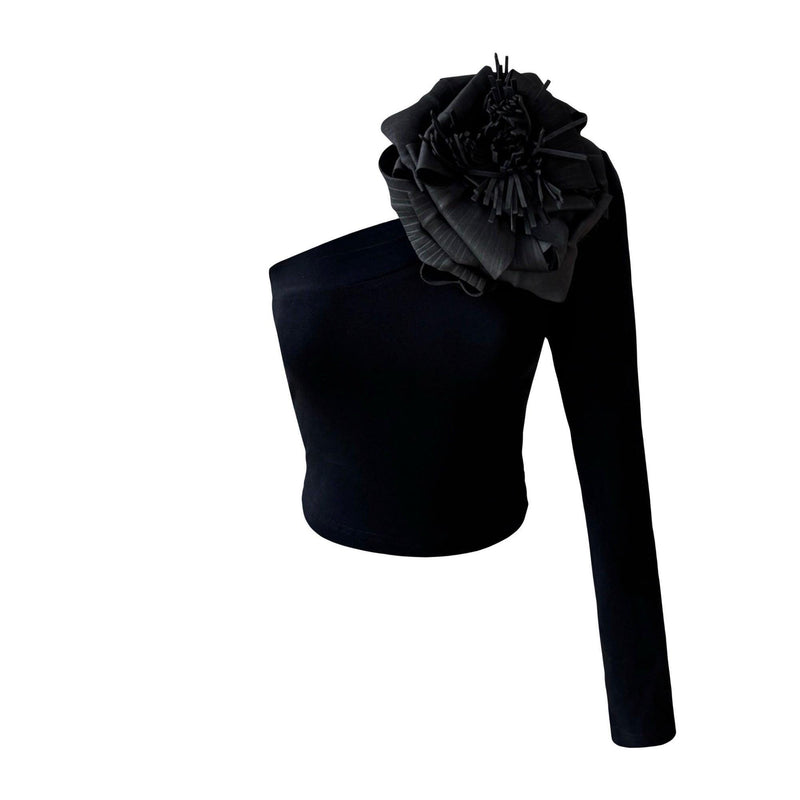 Black one sleeve top with black flower pin