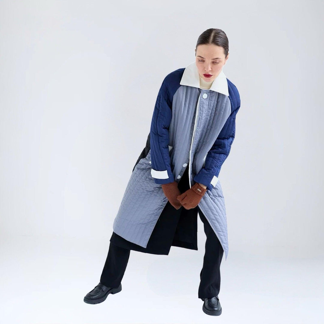 Grey Navy White Patchwork Colour Block Quilt Long Jacket