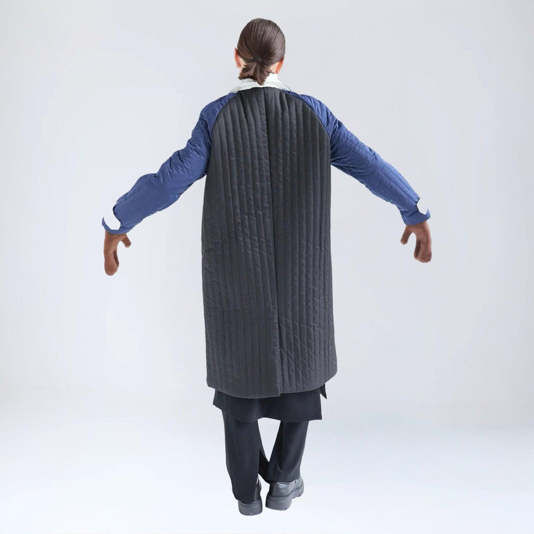 Grey Navy White Patchwork Colour Block Quilt Long Jacket