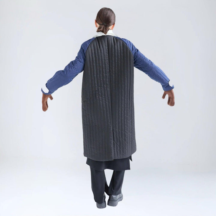 Grey Navy White Patchwork Colour Block Quilt Long Jacket