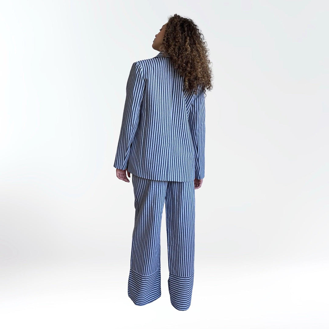 Blue White Striped Blazer Trousers Corset And Tote Bag Four Piece Set