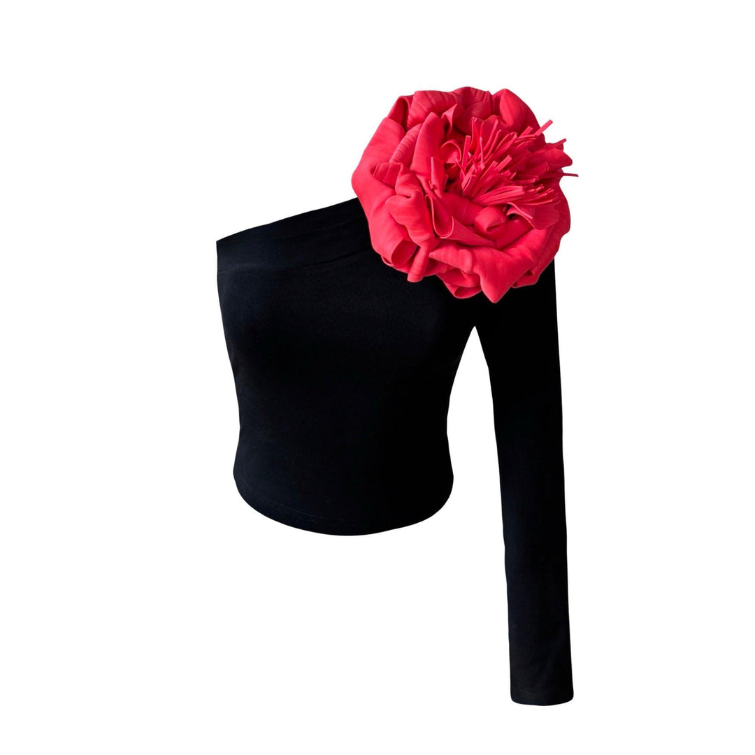 Black one sleeve top with red flower pin