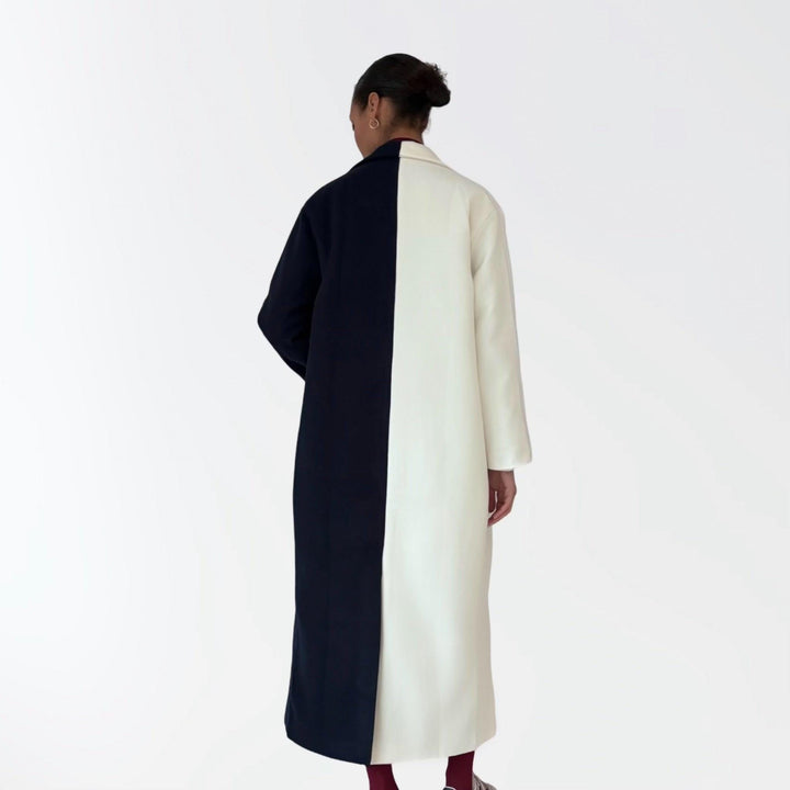 Navy And White Wool Double Breasted Trench Coat