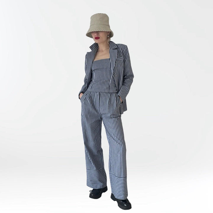 Blue White Striped Blazer Trousers Corset And Tote Bag Four Piece Set