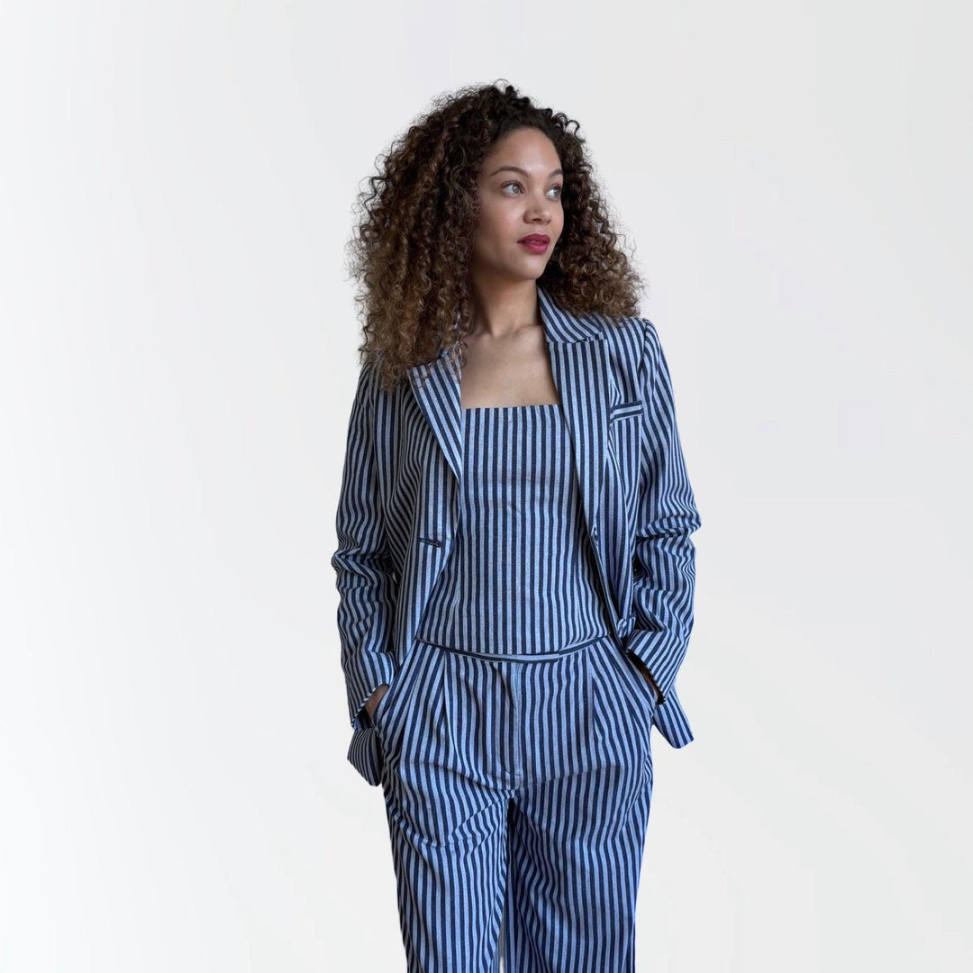 Blue White Striped Blazer Trousers Corset And Tote Bag Four Piece Set