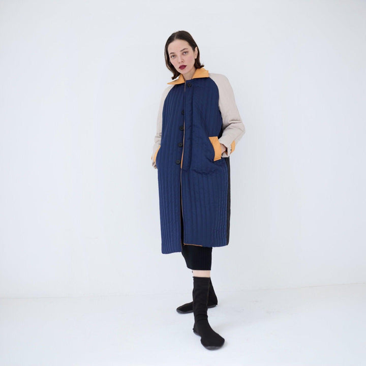Navy Orange Patchwork Colour Block Quilt Long Jacket