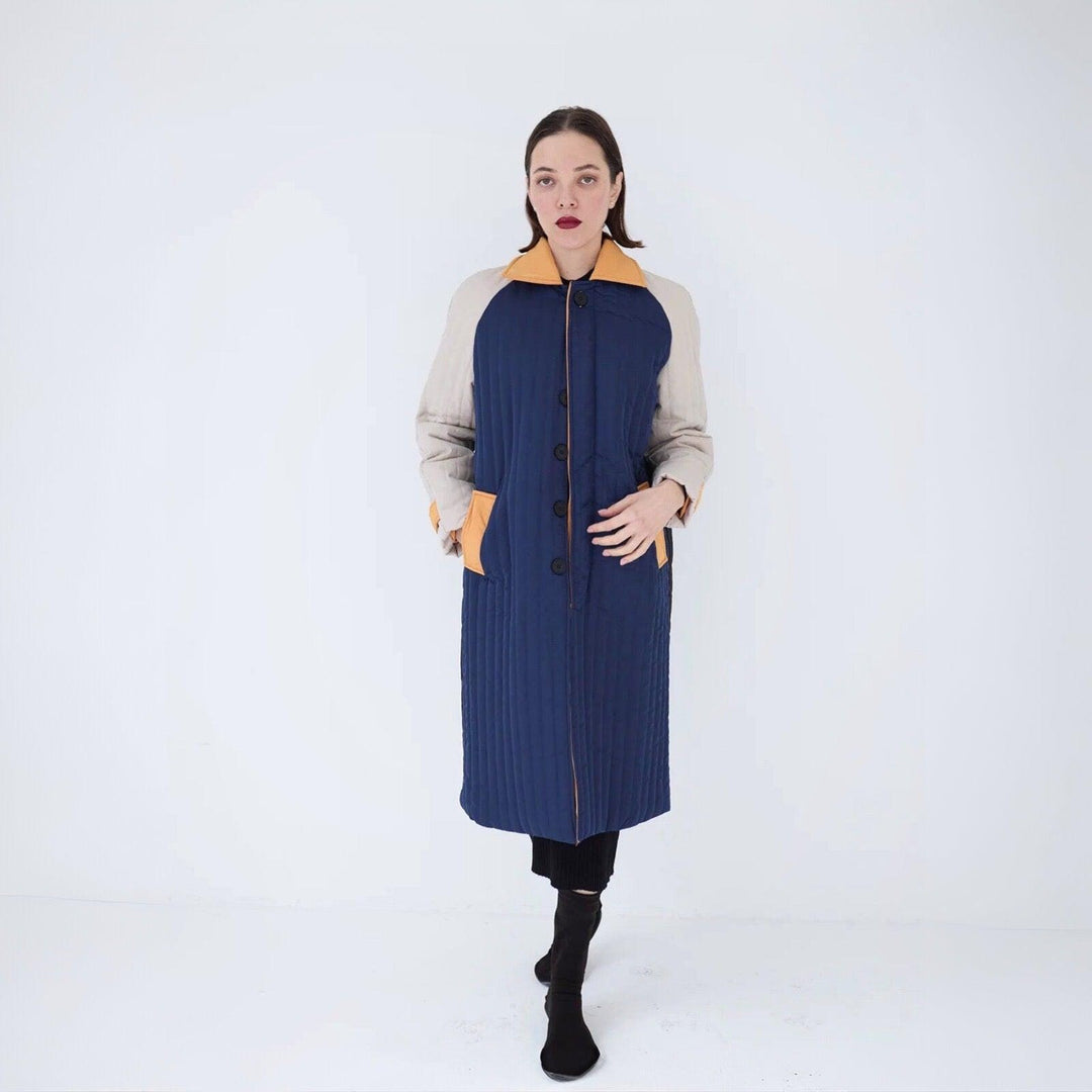 Navy Orange Patchwork Colour Block Quilt Long Jacket