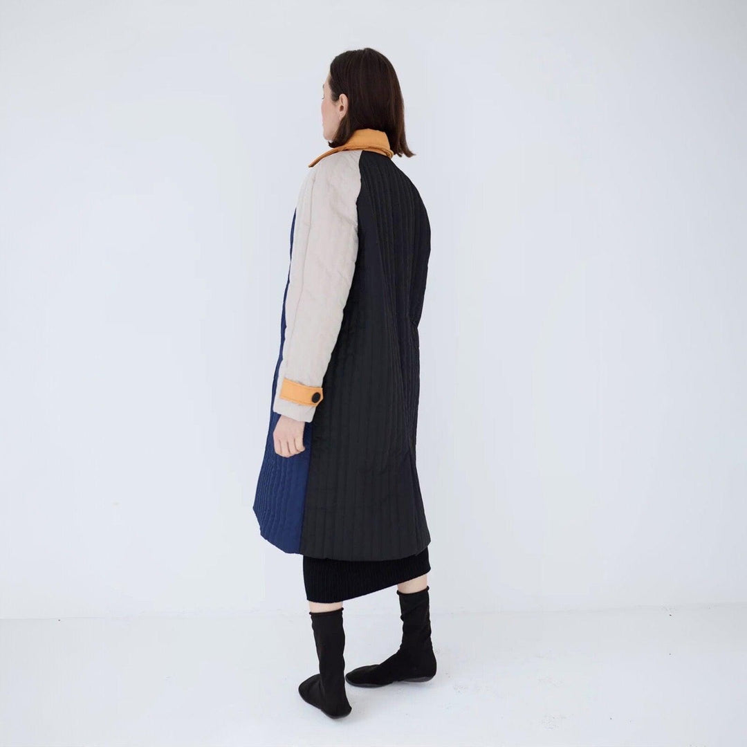 Navy Orange Patchwork Colour Block Quilt Long Jacket