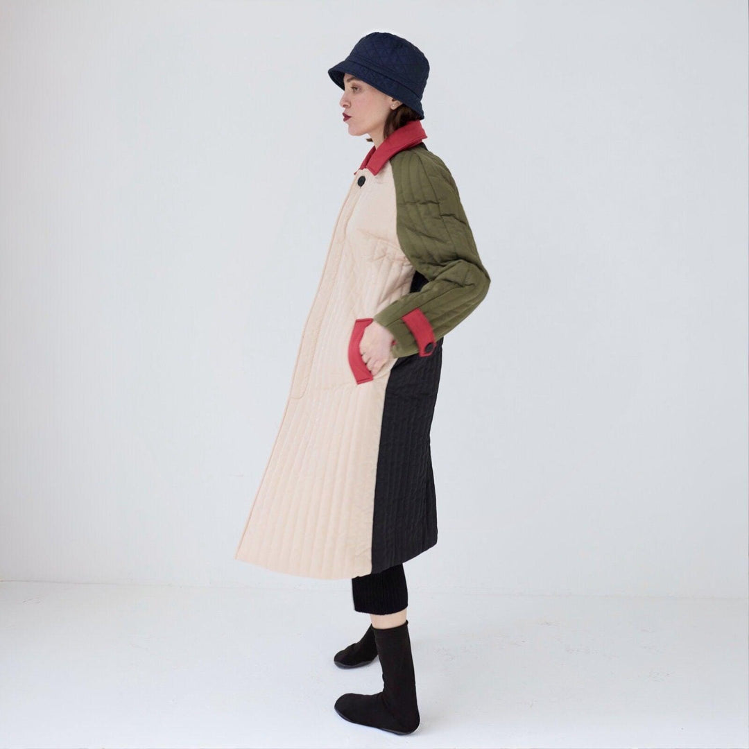 Beige Khaki Patchwork Color Block Quilt Long Jacket