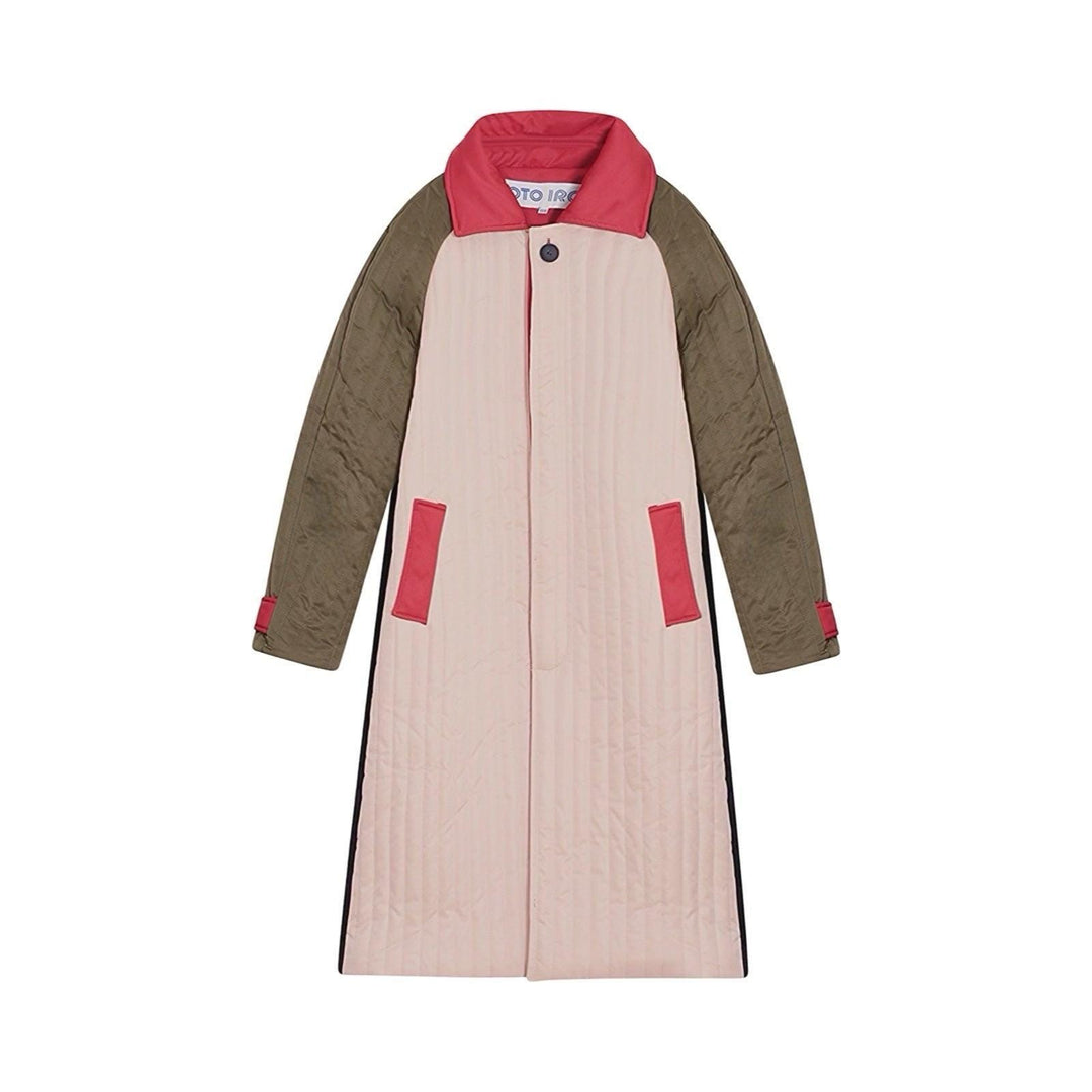 Beige Khaki Patchwork Color Block Quilt Long Jacket