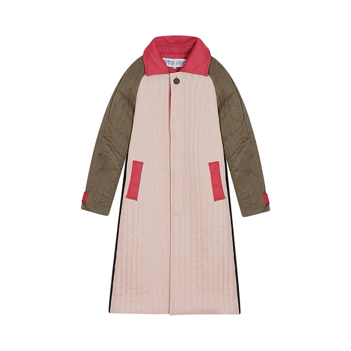 Beige Khaki Patchwork Color Block Quilt Long Jacket