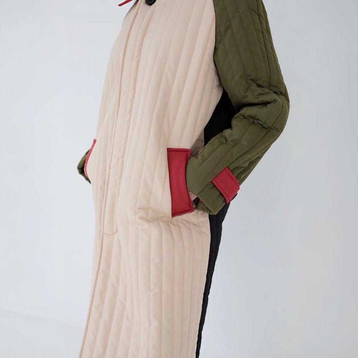 Beige Khaki Patchwork Color Block Quilt Long Jacket