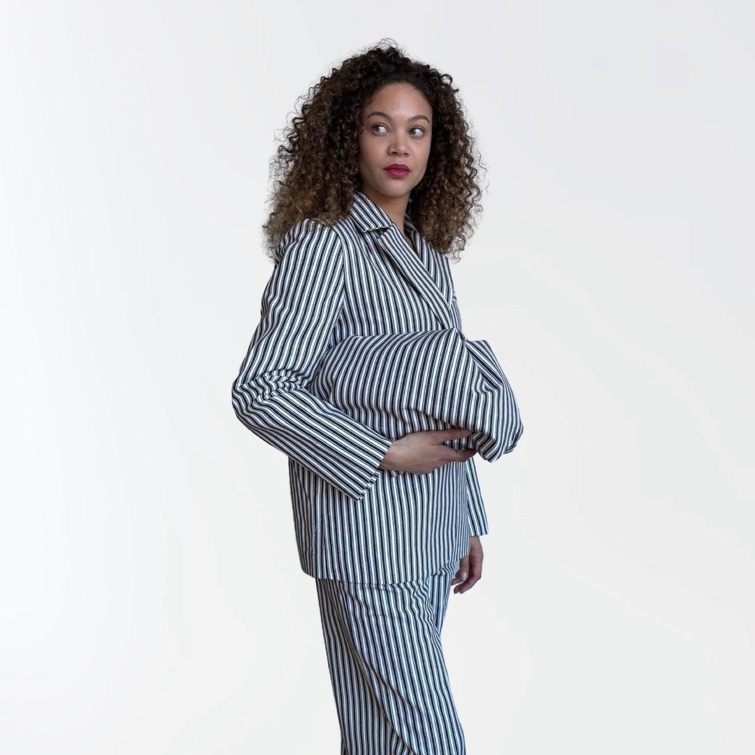 Black White Striped Blazer Trousers Corset And Tote Bag Four Piece Set