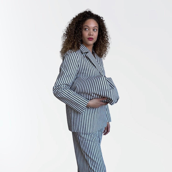 Black White Striped Blazer Trousers Corset And Tote Bag Four Piece Set