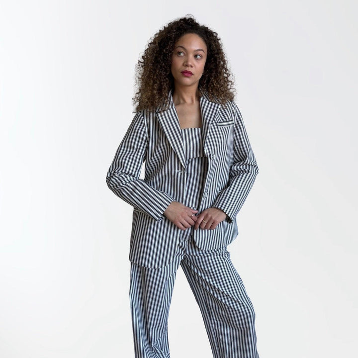 Black White Striped Blazer Trousers Corset And Tote Bag Four Piece Set