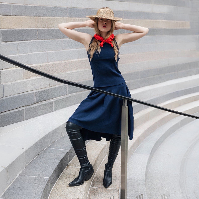 Navy Knitted Top And Skirt Co-Ordinates Set