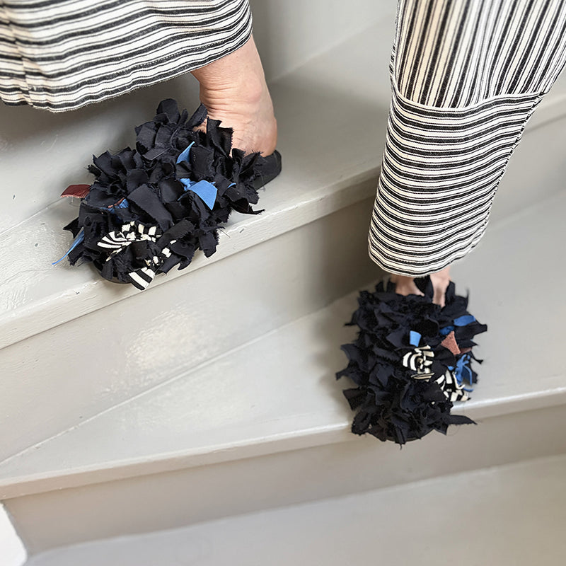 Pom Pom Black Fabric and Leather Mules Slip On Shoes