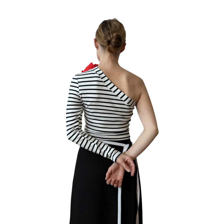 Striped one sleeve top with red flower pin