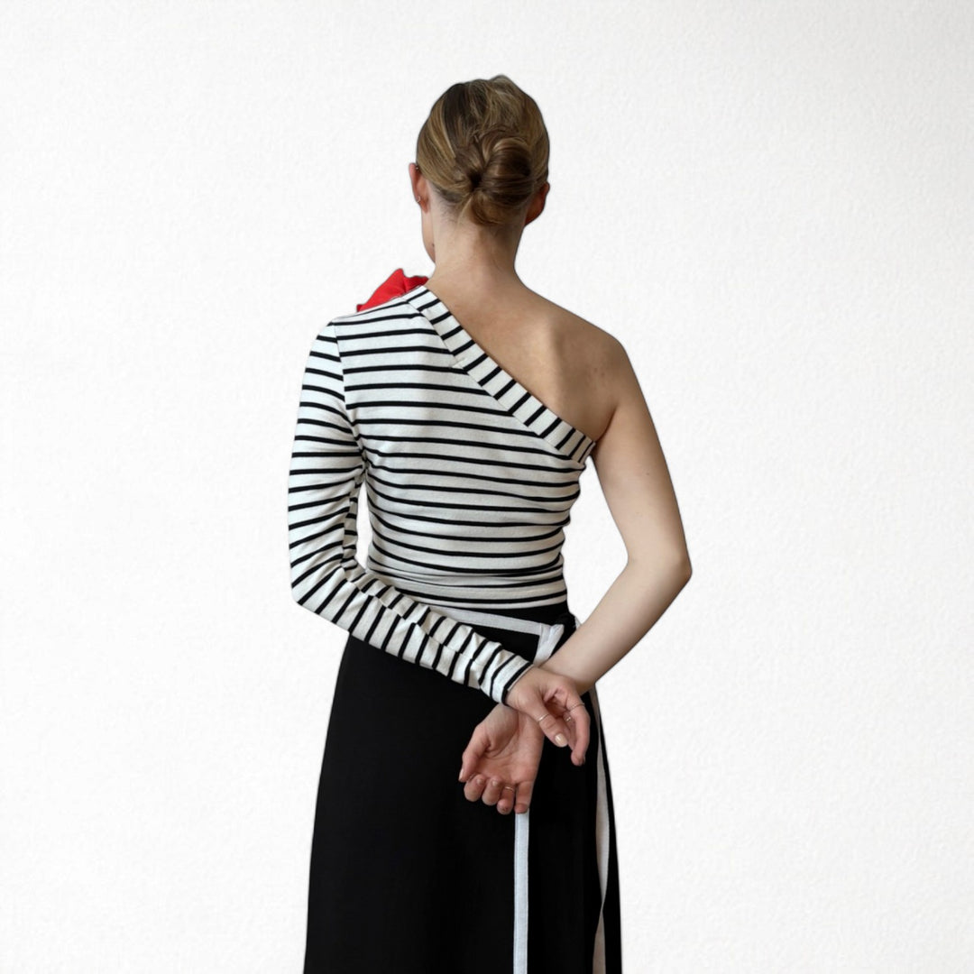 Striped one sleeve top with red flower pin