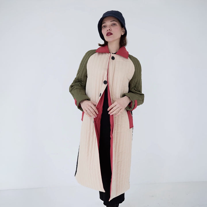 Beige Khaki Patchwork Color Block Quilt Long Jacket