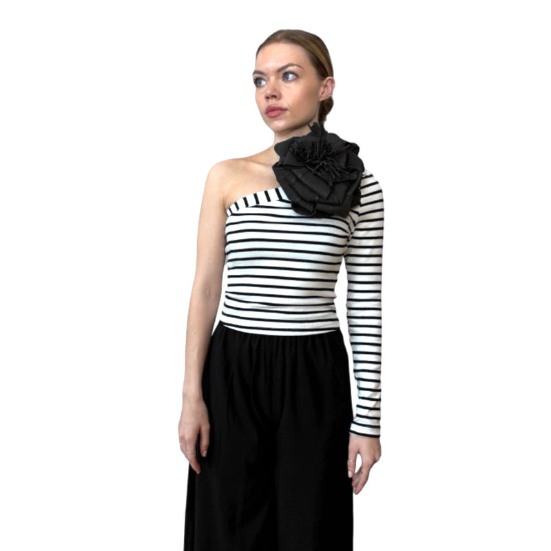 Striped One Sleeve Top With Black Flower Pin