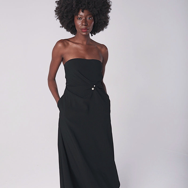 Black Strapless Dress With Asymmetrical Folds And Pearl Detail