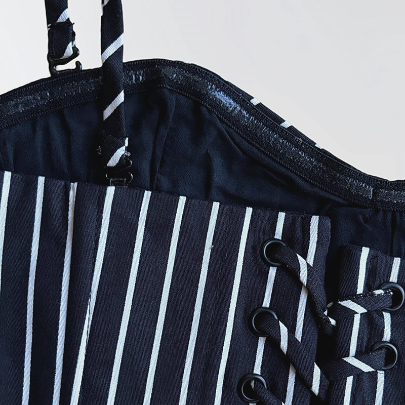 Black Pinstripes Sweetheart Corset With Long Gloves