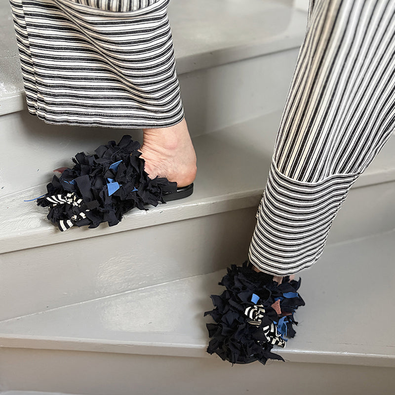 Pom Pom Black Fabric and Leather Mules Slip On Shoes