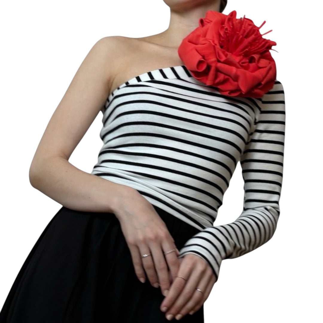 Striped one sleeve top with red flower pin