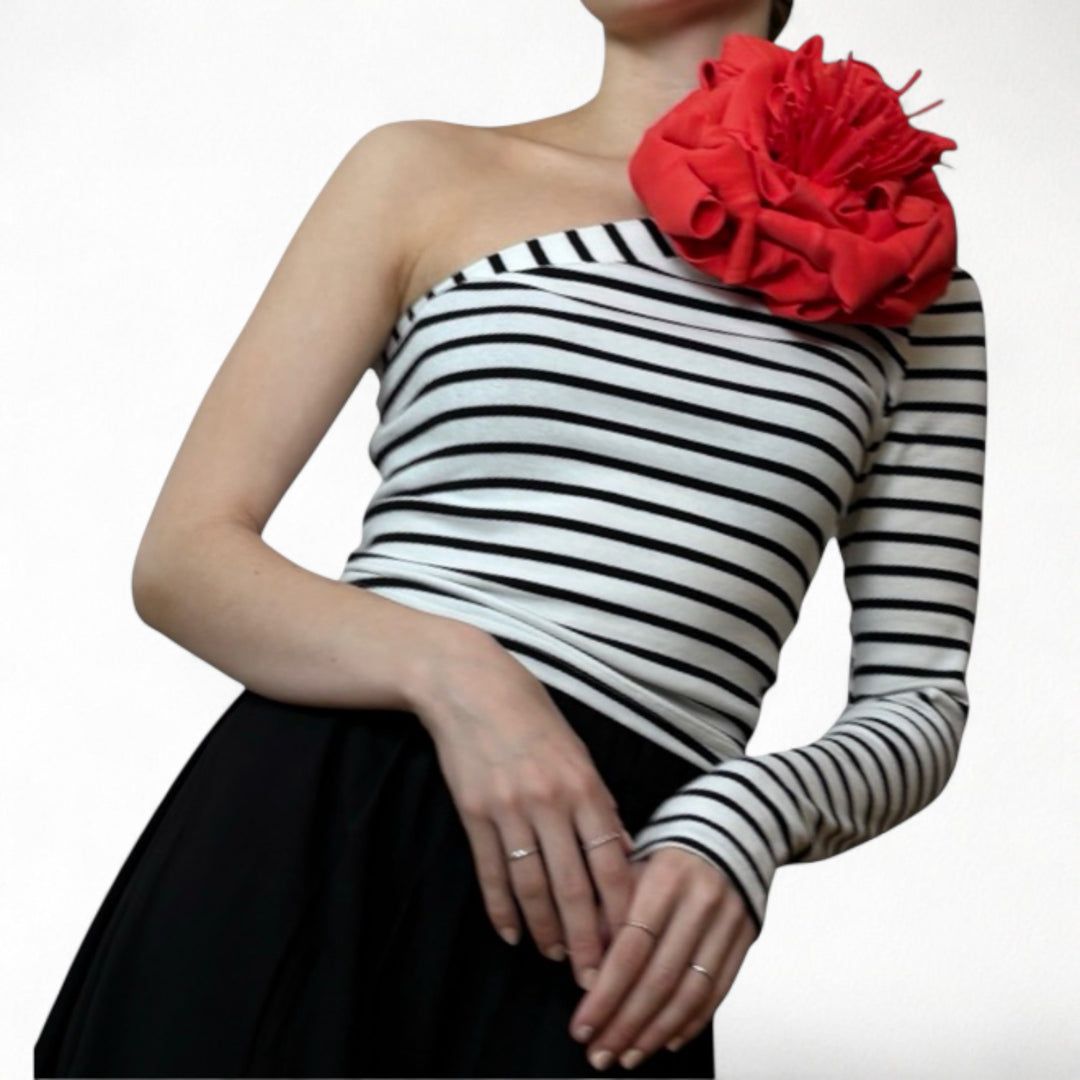 Striped one sleeve top with red flower pin