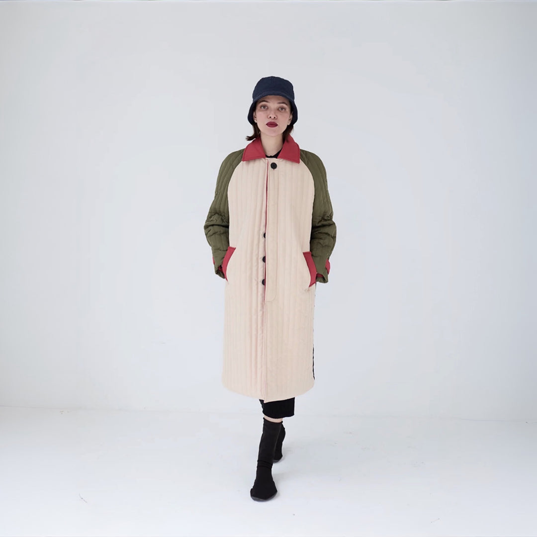 Beige Khaki Patchwork Color Block Quilt Long Jacket