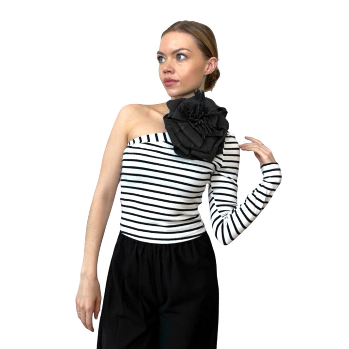 Striped one sleeve top with black flower pin