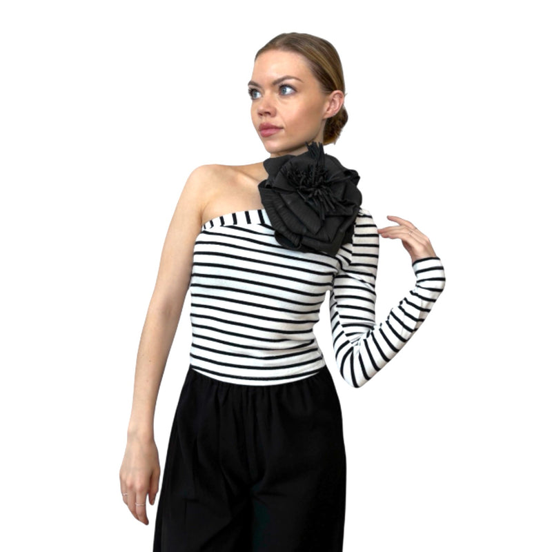 Striped One Sleeve Top With Black Flower Pin