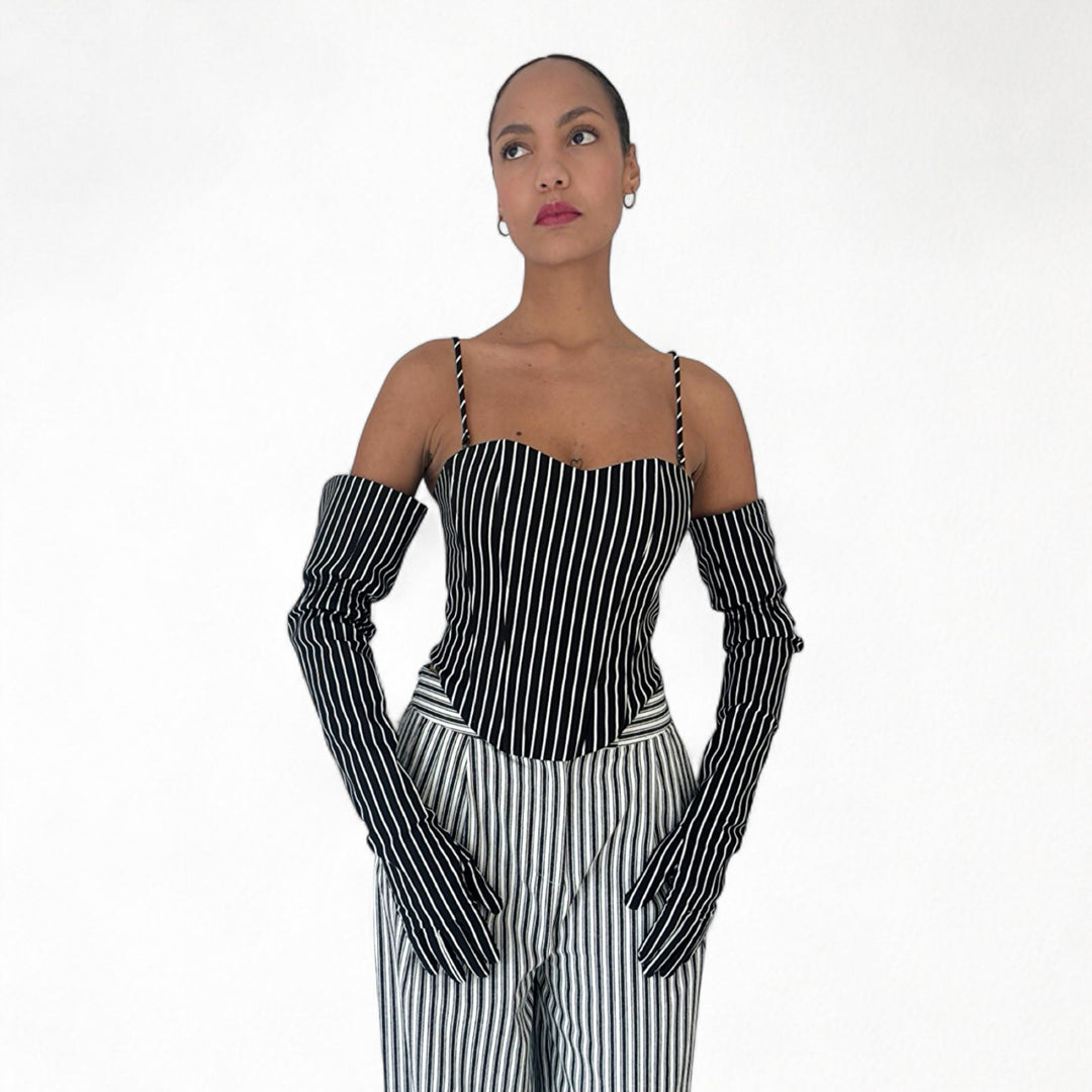 Black pinstripes sweetheart corset with long gloves