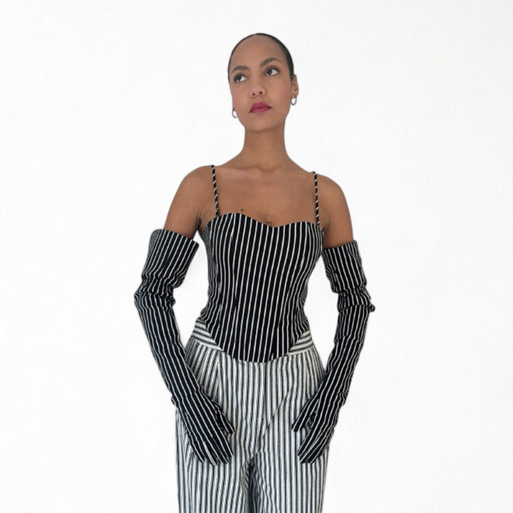 Black pinstripes sweetheart corset with long gloves