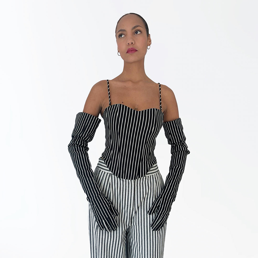 Black pinstripes sweetheart corset with long gloves