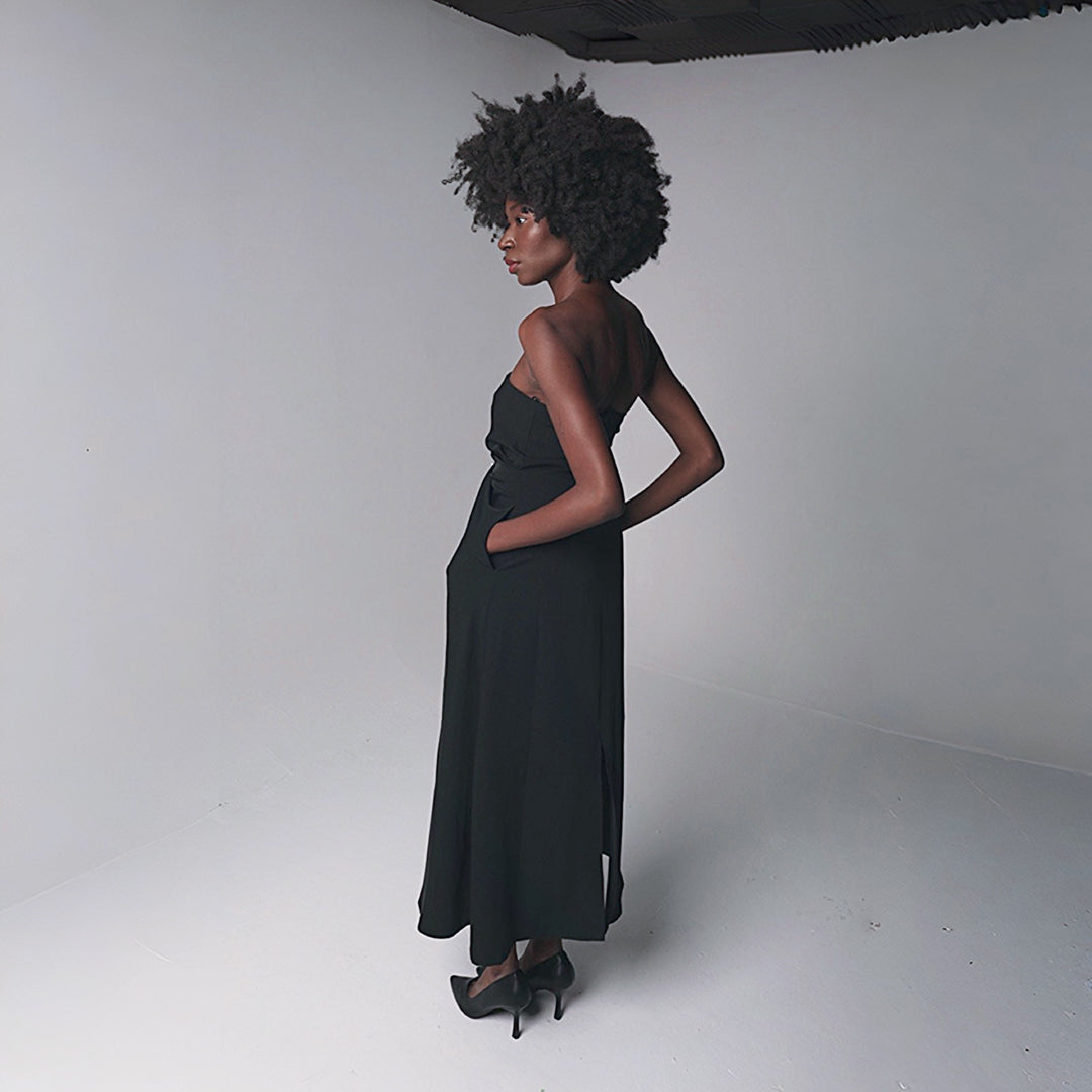 Black Strapless Dress With Asymmetrical Folds And Pearl Detail