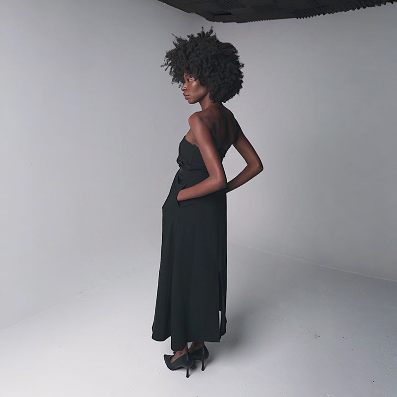 Black Strapless Dress With Asymmetrical Folds And Pearl Detail
